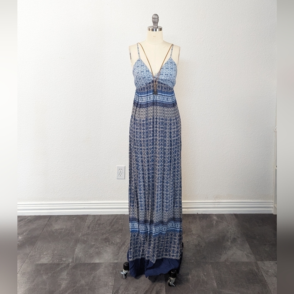 Zara Printed Necklace Empire Maxi Dress Blue S bohemian folk art summer beach